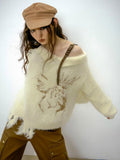 Poshoot Christmas Thanksgiving Gifts  Off Shoulder Distressed Knit Sweater