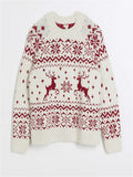 Poshoot Women's Christmas Sweaters Classic Reindeer Snowflake Print Long Sleeve Round Neck Knit Jumper Tops New Year Red Knitwear Coat