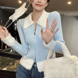 Poshoot Patchwork Turn Down Collar Cardigan Women Korean Fashion Zipper Up Cardigans Woman Chic Long Sleeve Slim Jumpers Female