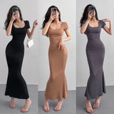 Poshoot 2024 Summer Solid Color Slim Long Dress Women Short Sleeve Skinny Bodycon Maxi Dresses Woman Square Collar Party Vestidos Mujer