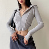 Poshoot Casual Solid Color Hooded Cardigan Women Long Sleeves Y2K Slim Fit Crop Tops Woman 2023 New Zipper Up Streetwear Tees Top