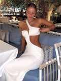 Poshoot  White Cut Out One Shoulder Beach Party Dresses For Women Summer Sleeveless Midi Elegant Bodycon Dress