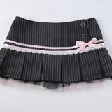 Poshoot-Vintage Aesthetic Lace Trim Bow Pleated Skirt