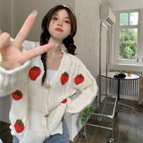 Poshoot Strawberry Decor Knitted Cardigan Women Chic Long Sleeve Sweet Cardigans Woman Korean Lazy Wind Short Sweater Coat Female