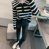 Poshoot Korean Sailor Collar Striped Sweater Women 2024 Button Long Sleeve Knitting Pullover for Woman Autumn Simple Jumper Mujer