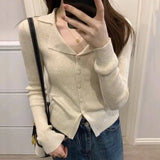 Poshoot Korean Fashion V Neck Knitted Cardigan Women 2024 Spring Solid Color Lapel Sweater Woman Chic Long Sleeve Jumper Tops