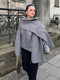 Poshoot Autumn Elegant Grey Woolen Scarf Collar Woolen Coat Women 2024 New Casual Loose Long Sleeves Jacket Female Streetwear Jackets