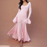 Poshoot Elegant Ruffled Patchwork Long Dress Women's Pink Square Neck Slim Long Sleeve Dress High Waist Luxury Dress Sexy Robe