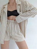 Poshoot Women Striped 2 Pieces Lounge Pajama Sets Short Sleeve Lapel Button Ups Shirts Tops Loose Casual Shorts Sleepwear Set