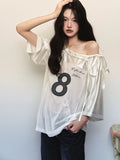 Poshoot Y2k Streetwear Off Shoulder T Shirts Women Coquette Aesthetic Short Sleeve Tees Female Casual Kpop Grunge Oversized Top