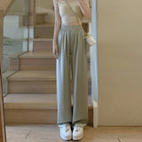 Poshoot-Women's Summer Acetate Ice Silk Wide Leg Pants Lady Summer Casual Solid Color Elastic Waist Loose Long Pants