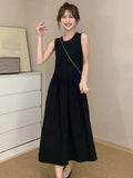 Poshoot Spring Solid Elegant Sundresses French Y2k Dress Korean Fashion O-Neck Midi Dress Office Women Casual Dress with Pockets