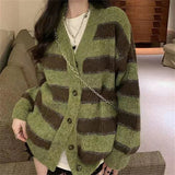 Poshoot Retro V Neck Green Stripe Cardigans Women Korean Chic Single Breasted Sweater Jackets Woman Streetwear Y2K Long Sleeve Cardigan