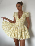 Poshoot Lemon Bloom V-Neck Mini Dress