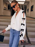 Poshoot Sweater Cardigan Female V Neck Knitted Bows Coat Chic Splice Hollow Out Fashion Long Sleeve Cardigan Outwear Women's New