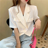 Poshoot White Short Sleeve Blazer Jacket Ladies 2024 Summer Thin Buttons Notched Collar Suit Coat Women Wild Cropped Outwear Tops Woman