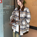 Poshoot 2024 New American Retro Plaid Jacket Women Corduroy Patchwork Long Sleeve Woolen Coat Woman Fashion Design Zipper Warm Jacket