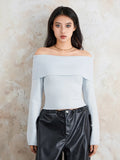 Poshoot Women Elegant Solid Sweater Top Long Sleeve Off Shoulder Ribbed Knit Cropped Shirt Fairy Grunge Fall Y2K Streetwear