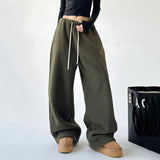 Poshoot Faux Lambswool Warm Wide-Leg Pants Women 2024 Chic Drawstring Waist Winter Joggers Woman Solid Color Loose Sweatpants Female