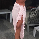 Poshoot 2024 New  Women Chiffon See-Through Beach Bikini Cover Up Wrap Scarf Swimwear Pareo Sarong Dress Solid Ruffle Casual Beach Dress