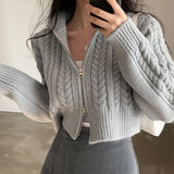 Poshoot Zipper Up Korean Knitted Cardigan Women Autumn Winter Cropped Turtleneck Sweater Woman Chic Long Sleeve Twist Cardigans Female