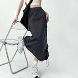 Poshoot Drawstring High Waisted Cargo Skirts Women Fashion Streetwear Split Midi Skirt Woman Chic Pockets Straight Y2K Skirts