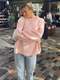 Poshoot Pink Sweet Pullover Sweater For Women Round Neck Solid Color Loose Knitted Top Long Sleeve Female 2024 Autumn Fashion