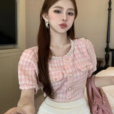 Poshoot Fashion Beading Round Neck Shirts Women Summer Korean Short Sleeve Pink Blouses Woman Chic Pearls Button Up Crop Tops