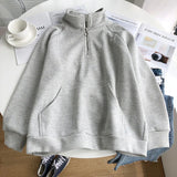 Poshoot Warm Thicken Zipper Stand Collar Hoodie Women Casual Long Sleeve Pullover Tops Woman Solid Color Loose Plush Sweatshirt