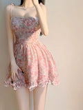 Poshoot Sweet New Pink Sexy Dress Sweet Fresh Style Fragmented Flowers Print Waist Wrapped Slim Student Summer Short Lovely 2024 7DSB