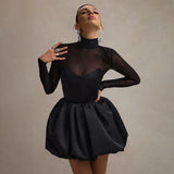 Poshoot Black Mesh Sexy Mini Dress Female High Waisted Sheer Long Sleeve Patchwork A-Line Short Dress Luxury Party Evening Dress