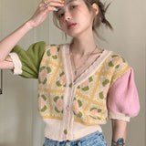 Poshoot Sweet Printed Knitted T Shirt Women Summer Patchwork Puff Short Sleeve Crop Tops Woman Summer V Neck Cardigan Sweater