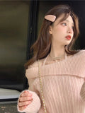 Poshoot Sweet off-Shoulder Knit Sweater Women Elegant High Sense Slimming Fairy Clavicle Hanging Neck Top Female Spring Autumn Dailywear