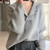 Poshoot Korean Fashion Loose V Neck Sweater Women Chic Long Sleeve Knitted Pullover Woman All Match Keep Warm Jersey Tops Female