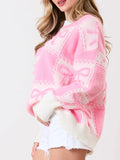 Poshoot Women Y2k Bownot Print Crochet Sweater Long Sleeve Crewneck Oversized Knit Pullover Top 2024 Cute Bow Sweater Shirt Streetwear