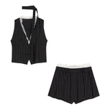 Poshoot Summer 2 Piece Skirt Set V-neck Lace Patchwork Striped Casual Camisole Women + High Waist Pleated A-line Skirt Vintage Suit