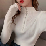 Poshoot Women's Zipper Red Knitted Sweater Autumn Winter Basic Long Sleeve Jumpers Ladies Korean Solid Slim Fit Knitwears Women