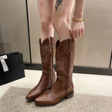 Poshoot-Studded Boots Women 2024 Low Heel Cowboy Chelsea Western Short Leather Knee High Luxury Designer Gothic New Rock Shoes Vintage