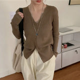 Poshoot Korean V Neck Knitting Cardigan Sweater Women Autumn Chic Long Sleeve Knit Sweater Female All-Match Button Cardigan Coats Mujer