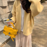 Poshoot  Yellow Knitting Cardigan Women 2024 Autumn Long Sleeve Loose Sweater Cardigans Woman Korean Style Solid Color Thin Coat