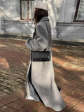 Poshoot Fashion Grey Oversized Woolen Overcoat Chic Lapel Long Sleeve Double Breasted Long Coats 2024 Autumn Female Warm Street Coat