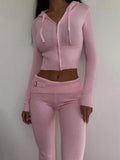 Poshoot Women Spring Outfits Casual Zipper Sweater Hoodie Set High Waist Flare Pants Suits Pink Knitted Womens Y2k Two Piece Set