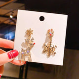 Poshoot Delicate Rhinestone Elk Earrings for Women Girls Korean Sweet Snowflake Deer Drop Earring Female New Year Jewelry Christmas Gift