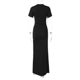 Poshoot Solid Bodycon O Neck Short Sleeve Ruched Slit Elegant Evening Women'S Dresses Summer Casual Clotehs Wholesale Girls