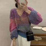 Poshoot V Neck Rainbow Sweater for Women Korean Fashion Long Sleeve Loose Knitwear Ladies 2024 Spring Sweet Knitted Jumpers Woman