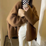 Poshoot Autumn Winter Simple Loose Cardigan Women Korean Fashion V Neck Knitted Outwear Woman All-Match Students Sweater Cardigan