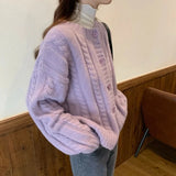 Poshoot Korean Fashion Round Neck Cardigan Women Long Sleeve Twist Knit Sweater Coat Woman Solid Color Chic Cardiagns Female