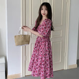 Poshoot Pink Print Square Collar Dress Women Elegant Puff Sleeve Flower Long Dresses Woman Summer Slim Waist Chiffon Dress Ladies