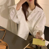 Poshoot Oversized Korean Whiet Shirts for Women 2025 Spring Turn Down Collar Blouse Woman Long Sleeve Casual Office Ladies Shirt