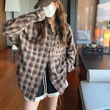 Poshoot Korean Style Plaid Oversized Shirt Women 2025 Harajuku Long Sleeve Vintage Blouse Woman Chic Wild Turn Down Collar Shirts